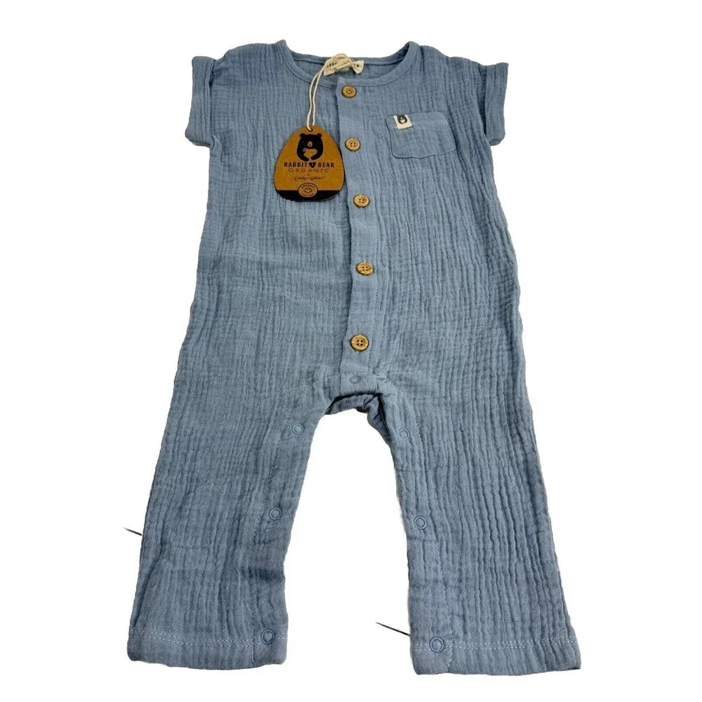 Rabbit+Bear Organic Cotton Infant 6-9 mo Outfit Hat One Piece Gauze Blue Short